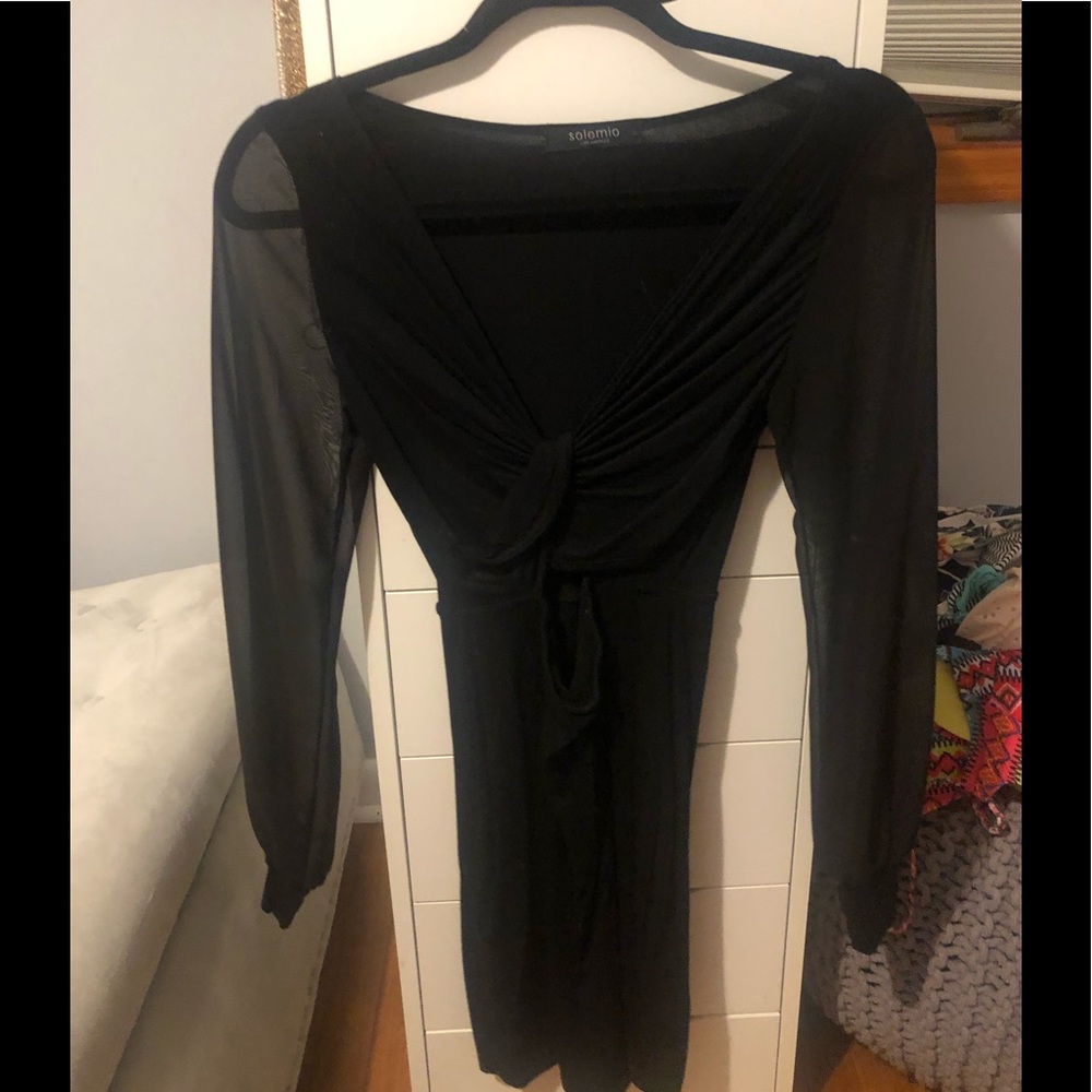 Black knot front mini dress with sheer sleeves